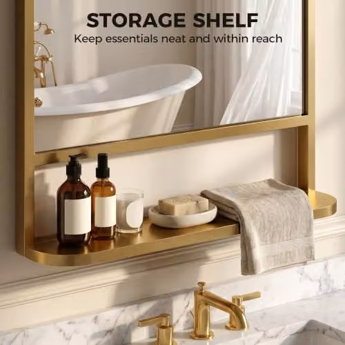HOMCOM Modern Rectangular Wall Mirror with Storage Shelf, Gold, W: 70 cm, H: 50 cm – 3