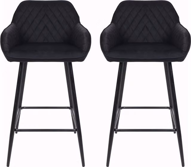 Neo Set of 2 Black Crushed Velvet Breakfast Bar Stools with Metal Legs