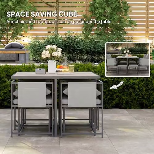 Outsunny 9 Piece Grey Garden Dining Set with 8 Seater Square Plastic Top Table, Chairs and Stools – 2