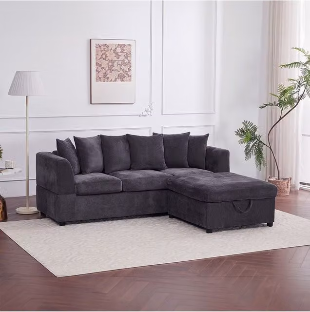 Living and Home Grey Chenille Upholstered 3-Seater Sectional Sofa with Matching Ottoman and 6 Scatter Cushions
