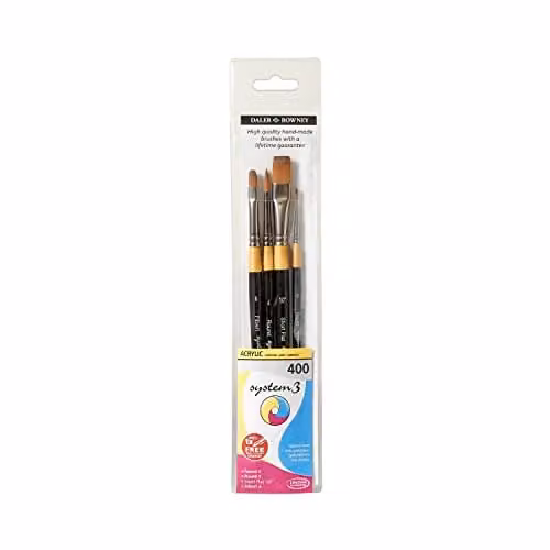 Daler-Rowney System3 Synthetic Hair Short-Handle Acrylic Brush Wallet Set, 4 Assorted White Brushes