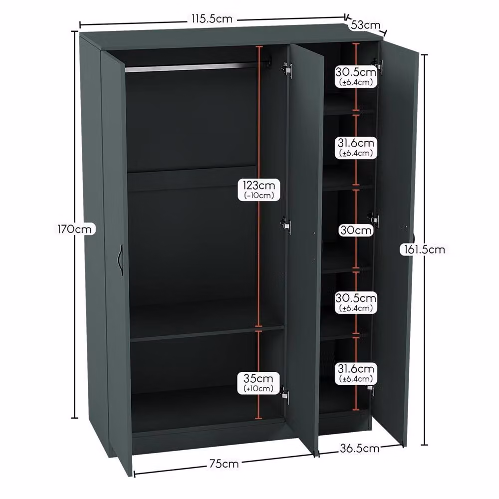 FORGEVIO Green Modern Wooden 3 Door Wardrobe with Internal Shelves and Hanging Rod – 3
