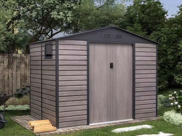 Vente-unique Grey Wood Effect Galvanised Steel Garden Shed with Double Doors and Window