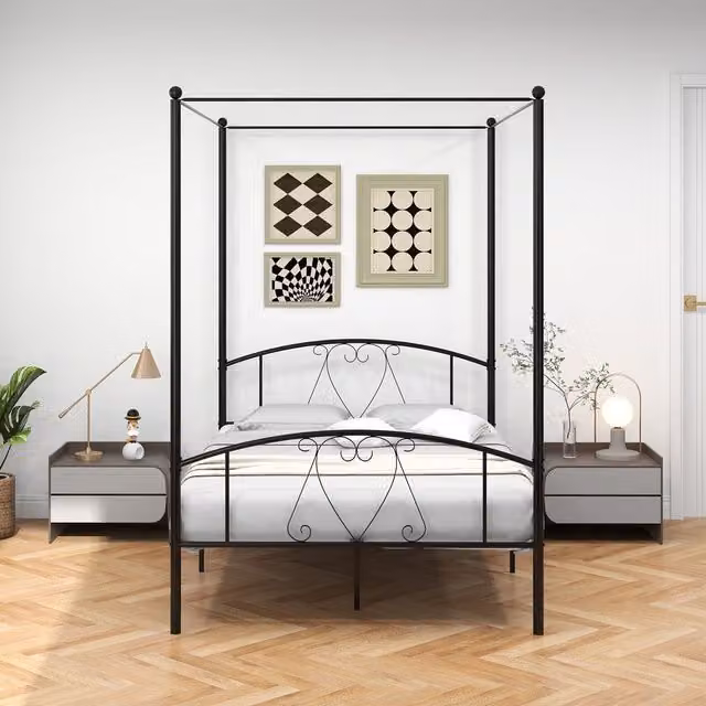 Costway Modern Metal Canopy Bed Frame in Black, W/D/H: 140 x 200 cm
