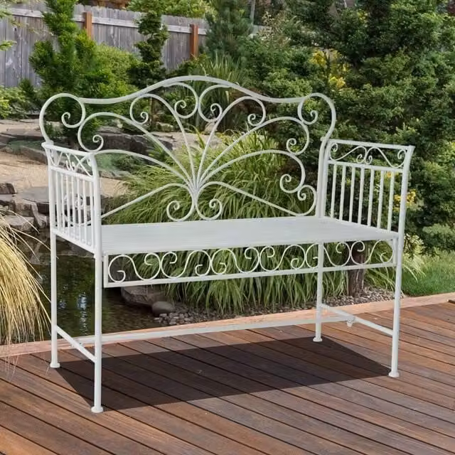 VOGREX White Metal 2 Seater Garden Bench with Floral Design – 1