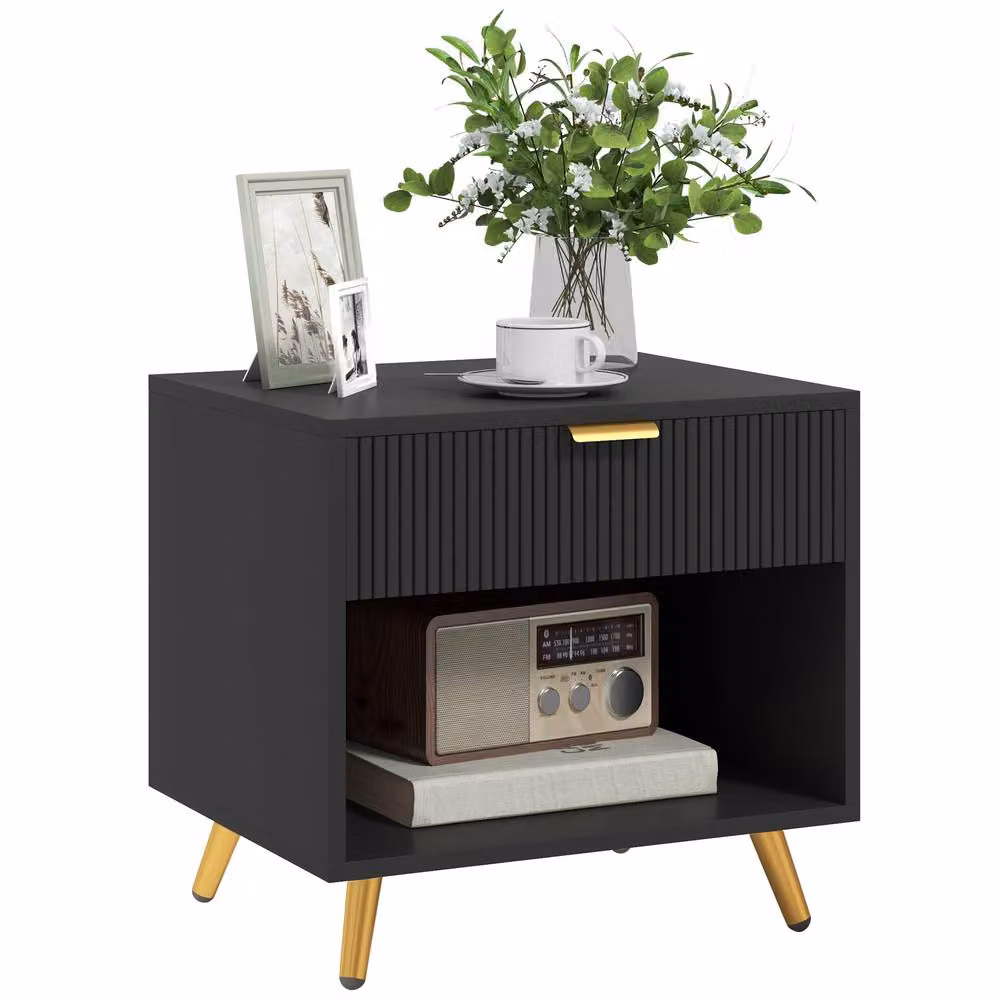 STILVORA Modern Bedside Table with Drawer and Shelf in Black and Gold – 3