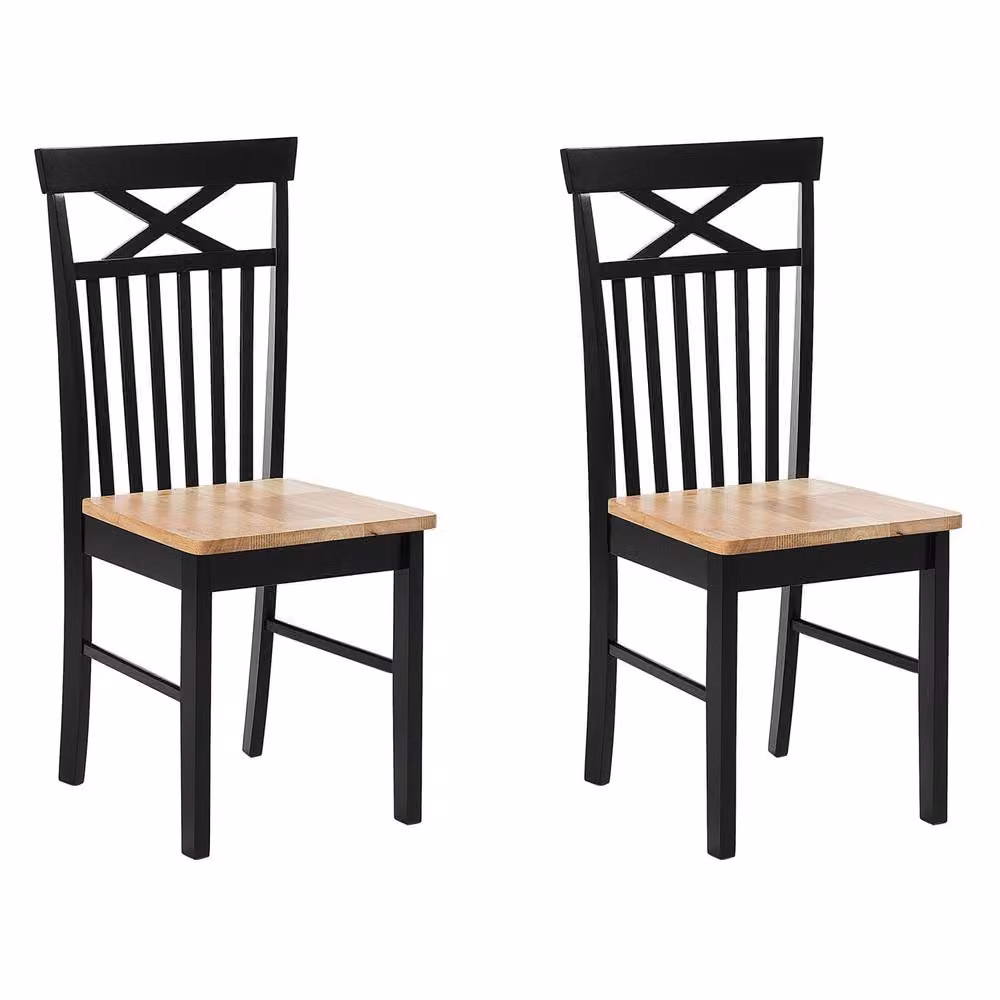 Wyld and Coco Set of 2 Ergonomic Scandinavian Rubberwood Dining Chairs in Black and Light Wood – 2