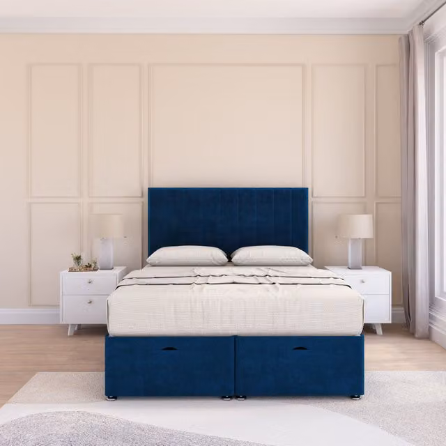 Sloomy Kansas Single Ottoman Bed with Sprung Memory Mattress and 54 Inch Floorstanding Headboard in Navy Blue
