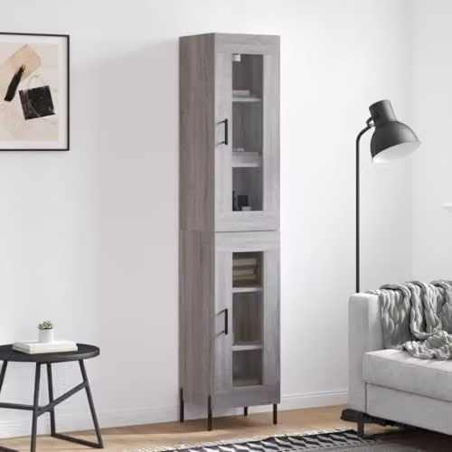 vidaXL Modern Grey Sonoma Highboard with Glass Hinged Doors and Internal Shelves, W/D/H: 34.5 x 34.5 x 180 cm – 2