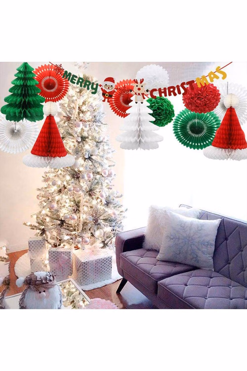 KDMD Multicolour Paper Honeycomb Pom Pom Christmas Garland Banner for Indoor Party Decorations