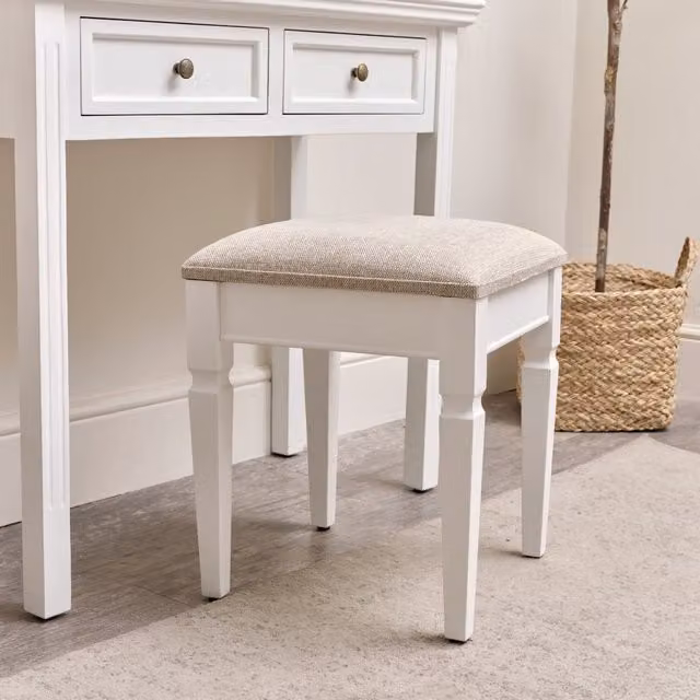 Melody Maison Daventry White Cushioned Dressing Table Stool with Lacquered Wood Frame