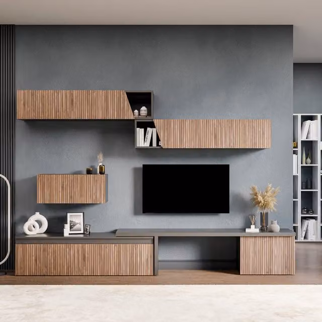 Decorotika Modern Black Wall Mounted Entertainment Center with Lowboard and Open Shelving