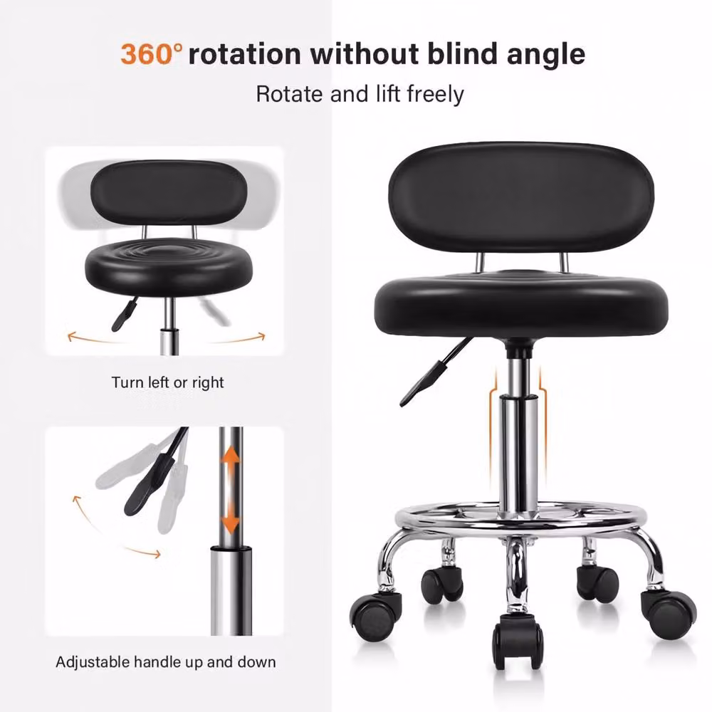 KKTONER Stylish Rolling Stool with Low Back and Height Adjustable Footrest in Black – 5