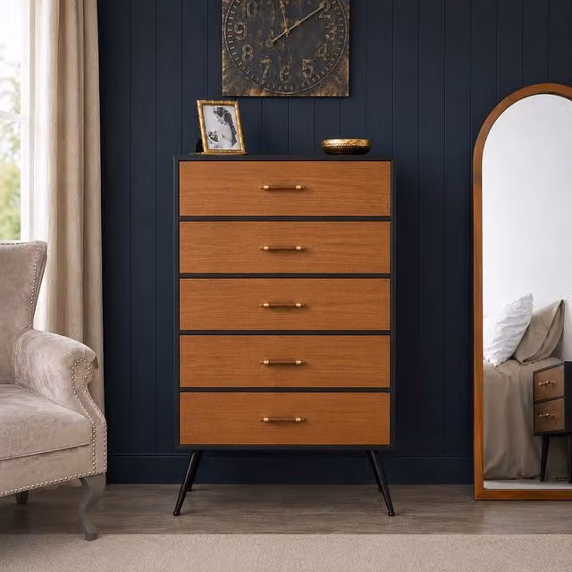Melody Maison Ludlow Range Mid-Century 5 Drawer Tallboy Chest of Drawers in Black and Wood