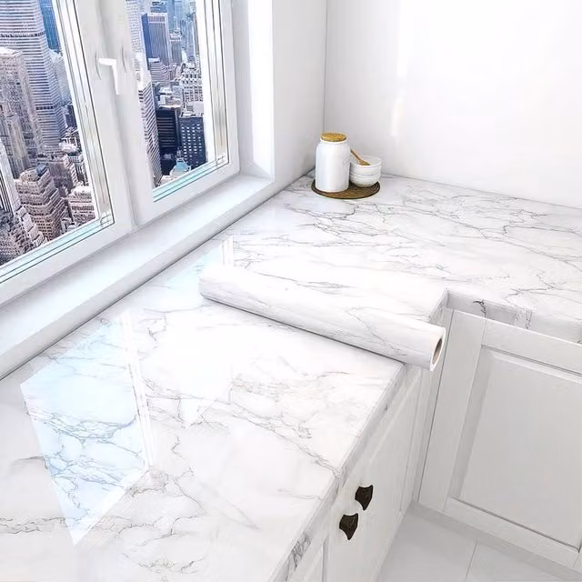Kelvenix White Marble Self Adhesive Kitchen Worktop Film, 10m