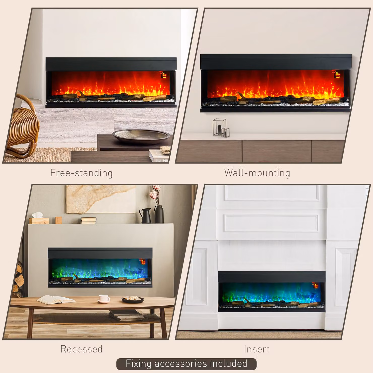 HOMCOM Black Wall Mounted Electric Fire with LED Flame Effect, 1800W, 152cm – 7