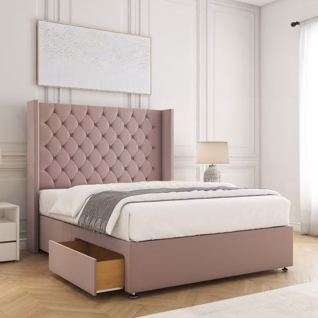 BSSPOKE Winchester Plush King Size Divan Bed with 54 inch Headboard, 2 Drawers, Footend and Mattress in Pink Velvet Fabric, W/D/H: 180 x 200 cm
