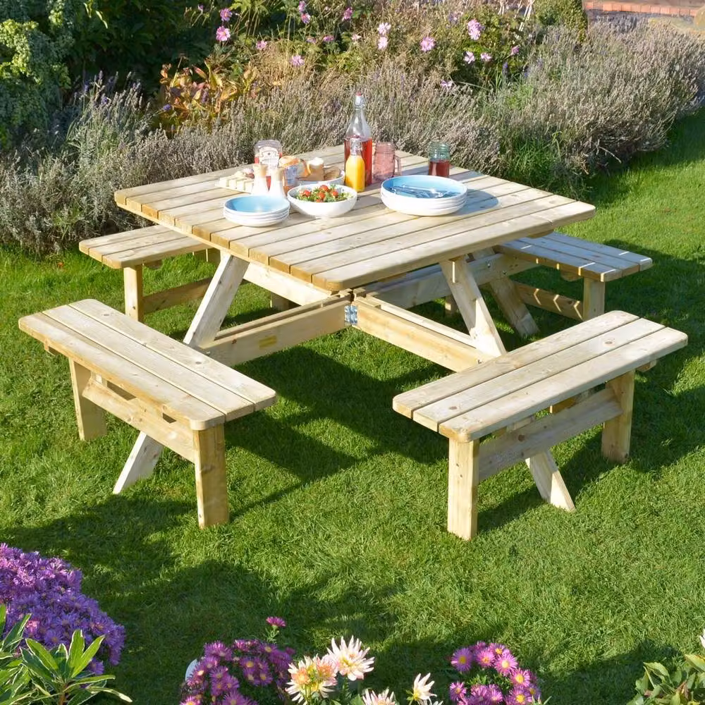 Rowlinson Square Picnic Table in Brown, W/D/H: 198 x 198 x 75 cm – 2