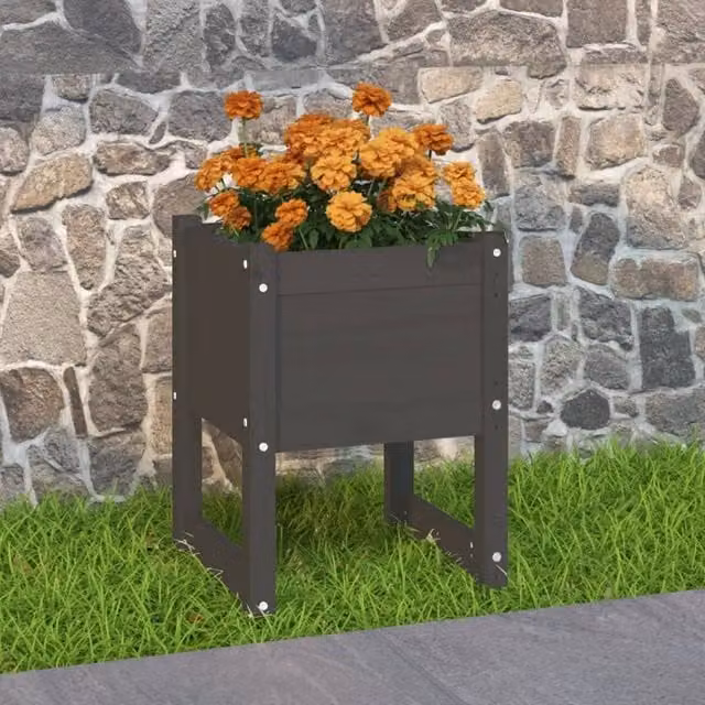 Berkfield Home Grey Solid Wood Pine Planter W/D/H: 40 x 40 x 52.5 cm