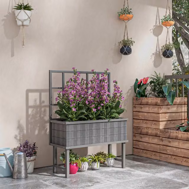 Outsunny Grey Composite Raised Planter with Trellis and Drainage Holes for Vegetable Gardens and Climbers