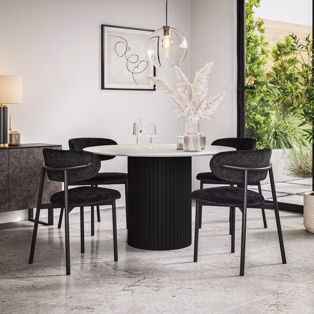 More4Homes Arlo White Marble Top Round Dining Table with Black Legs and 4 Myla Linen Dining Chairs Set, W: 120 cm, H: 75 cm – 1