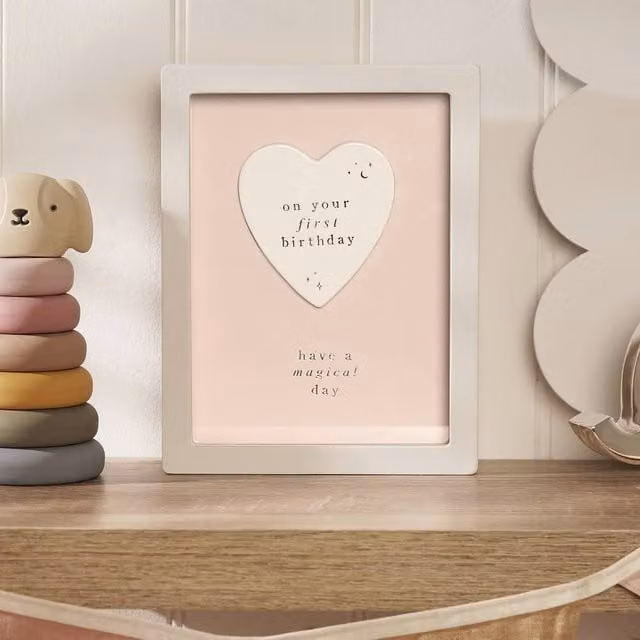 Bambino by Juliana 1st Birthday Heart Shaped Pink Framed Tabletop Plaque – 1