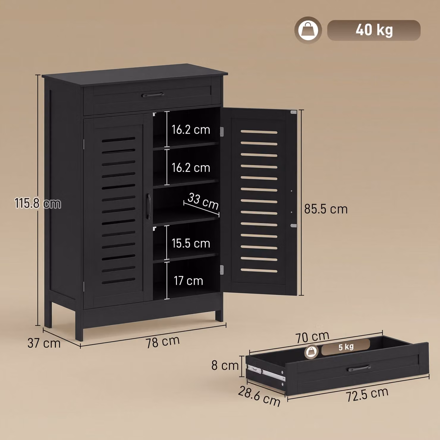 HOMCOM Modern Black Shoe Storage Cabinet with Hinged Doors, Internal Drawers and Adjustable Flat Shelves – 3