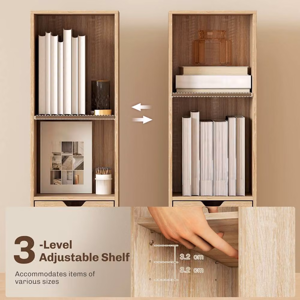 HOMCOM Narrow Tall Bookshelf with Drawer in Sand and Brown – 3