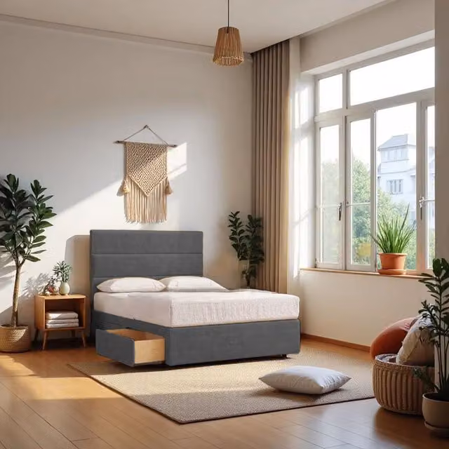 Knight Sleep York Princess Sprung Divan Bed with 4 Drawers and Headboard in Grey, W/D/H: 140 x 200 cm