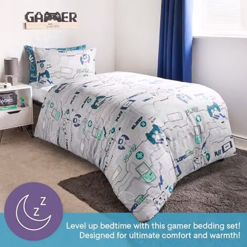 OHS Reversible Gaming Duvet Cover and Pillowcase Set in Blue and Grey, Microfibre Polyester Bedding for Teenagers, W/D/H: 140 x 200 cm – 2