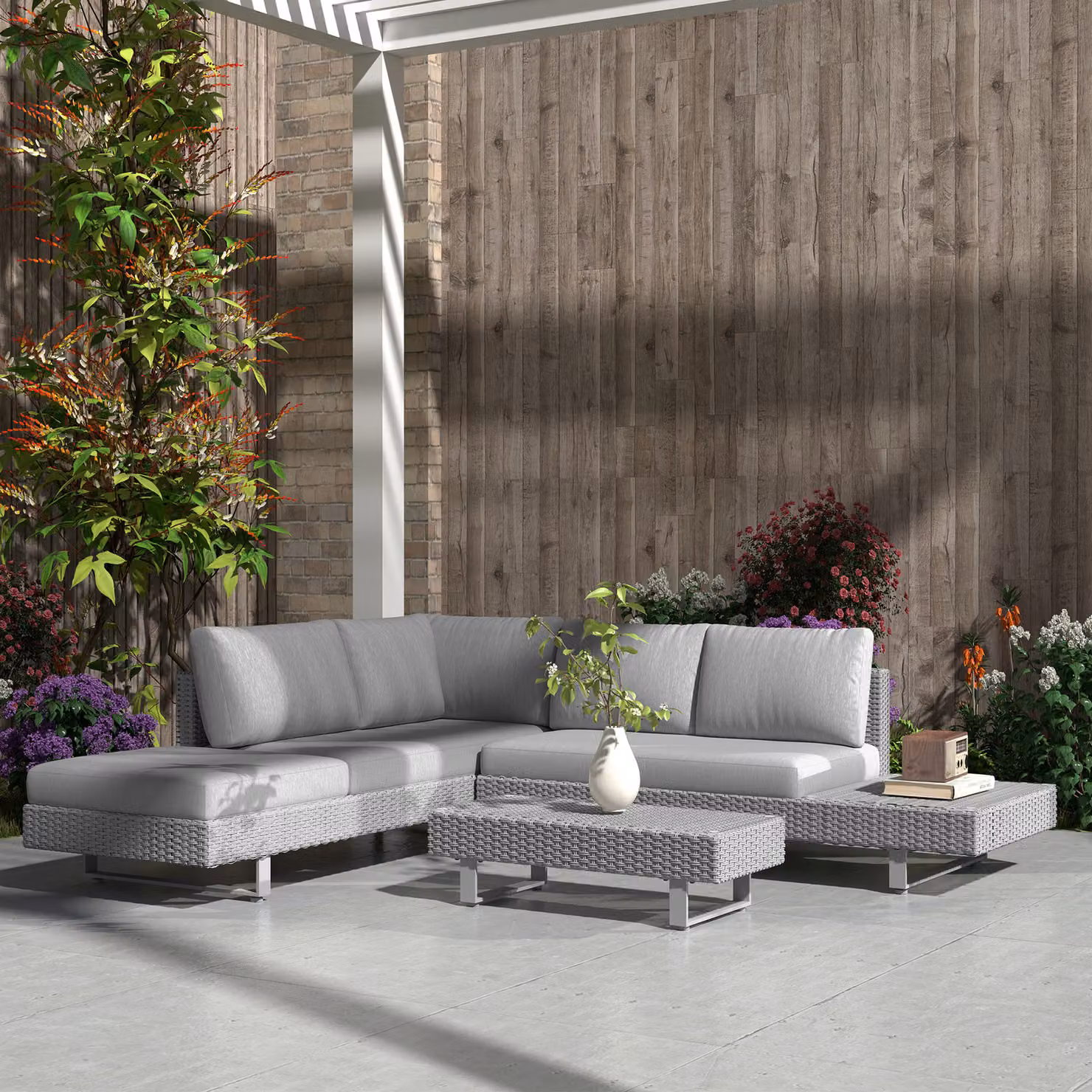 Outsunny 5-Seater L-Shape Rattan Wicker Sofa Set with Coffee Table and Cushions in Light Grey – 7