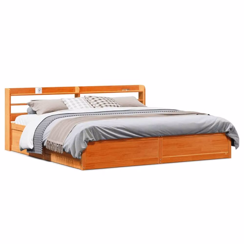Berkfield Home Rustic Solid Wood Pine Bed Frame with Headboard and Side Compartments, Wax Brown, 200 x 200 cm – 2