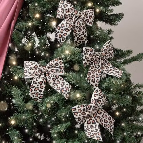 Melody Maison Set of 4 Leopard Print Velvet Bow Hanging Decorations in Black, Brown and Multicolour, 14 cm