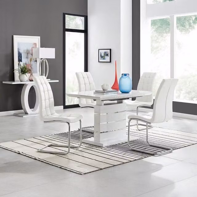 FurnitureboxUK Renato High Gloss Extending Rectangular Kitchen Dining Table and 4 Murano Chairs in White and Grey