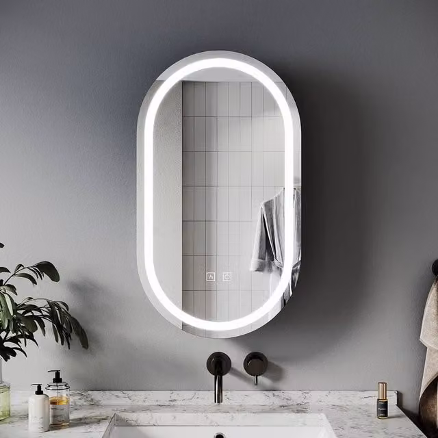 FLAVORA Black Oval Bathroom Mirror Cabinet with LED Lighting and Soft Close Hinged Doors