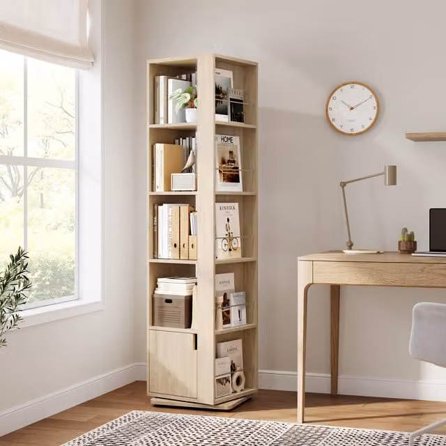 Yaheetech Rotating Corner Bookshelf with Adjustable Shelves in Brown and Beige Wood and Metal