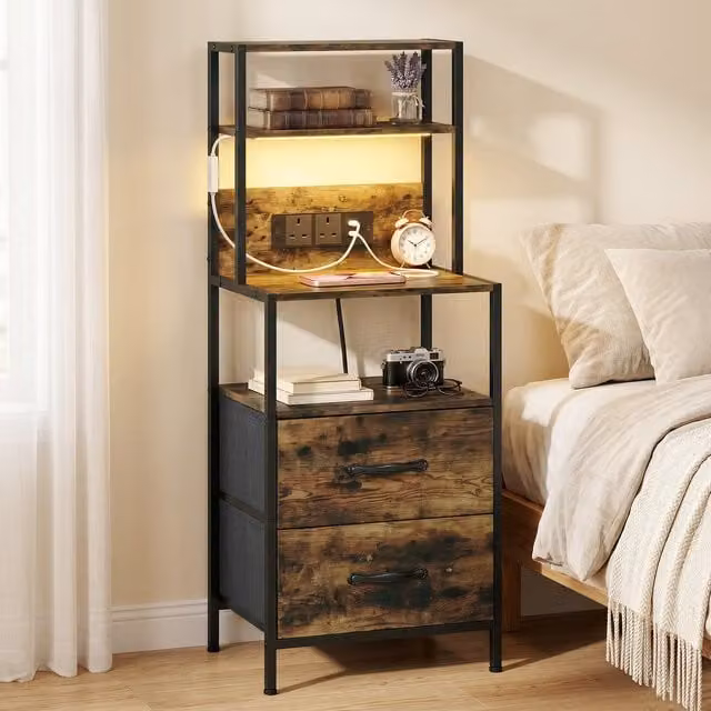 HOMCOM Bedside Table with Integrated LED Light Strips in Rustic Brown