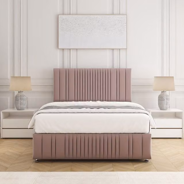 BSSPOKE Rosie Plush Velvet Divan Bed Set with 24 inch Headboard and Mattress in Pink, Super King, W/D/H: 200 x 200 cm