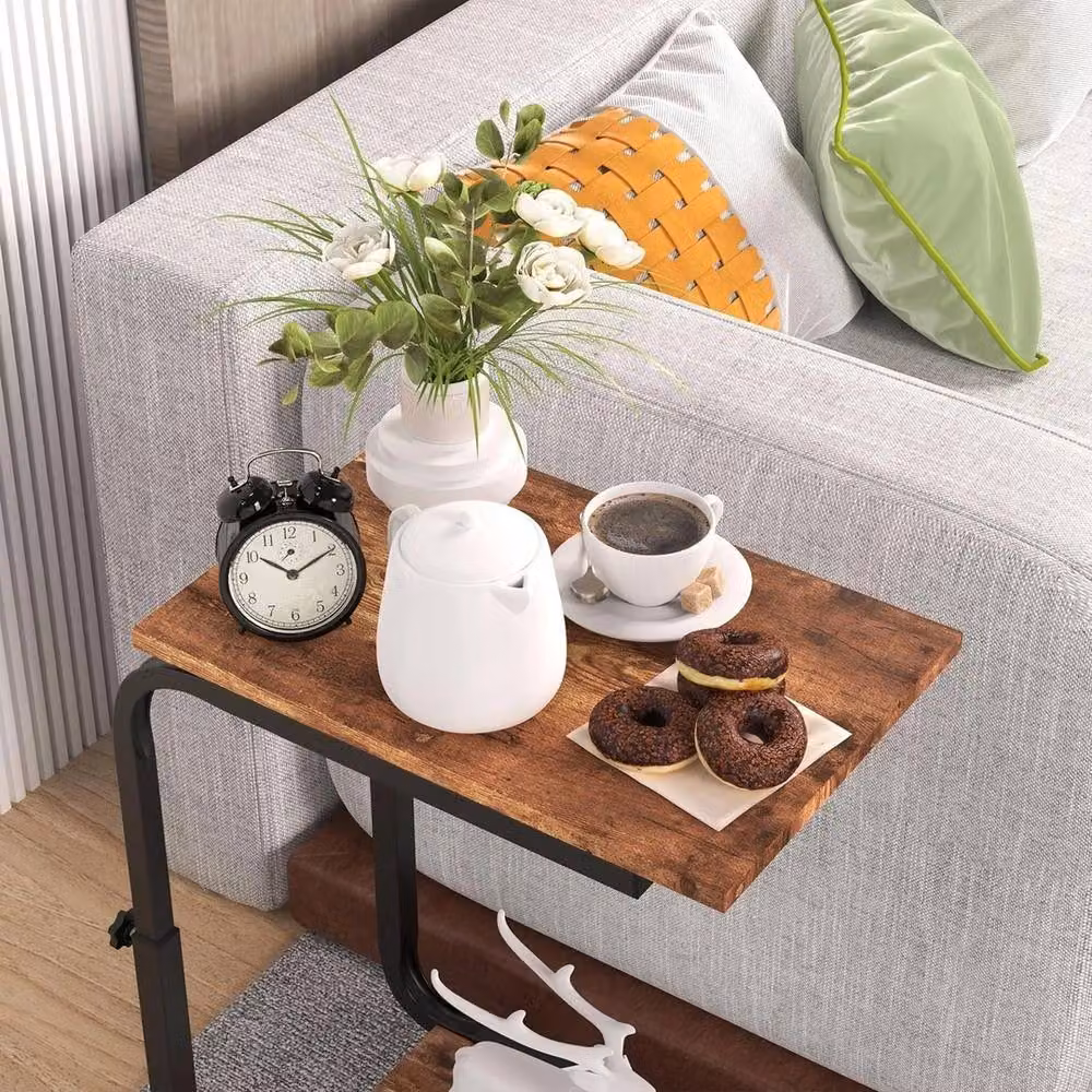 FORGEVIO Height Adjustable Industrial Side Table with Castors in Brown – 3