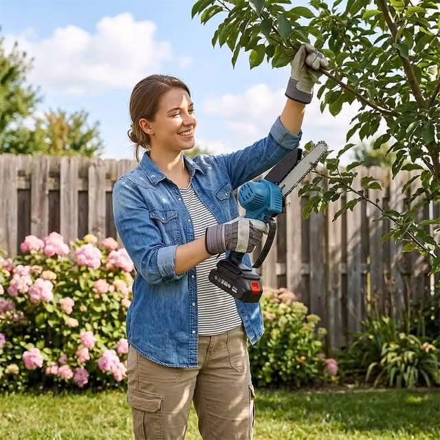 Traderight Cordless Mini Chainsaw with 6 and 8 Inch Dual Bars in Black and Blue