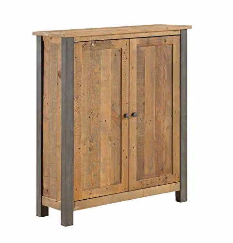 baumhaus Urban Elegance Reclaimed Small Shoe Storage Cupboard in Brown with Solid Wood and Steel Frame, W/D/H: 87 x 33 x 105 cm