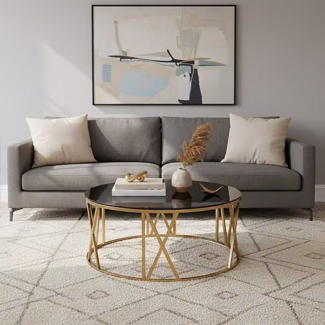 Fifty Five South Alana Round Coffee Table with Gold Metal Frame and Black Glass