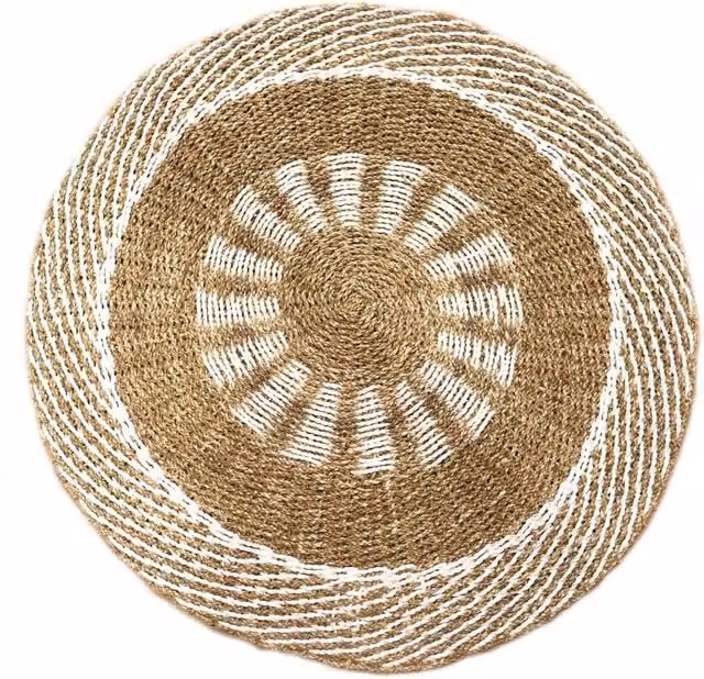 KDMD Round Seagrass Mat with Sun Pattern in White and Brown, Diameter: 100 cm