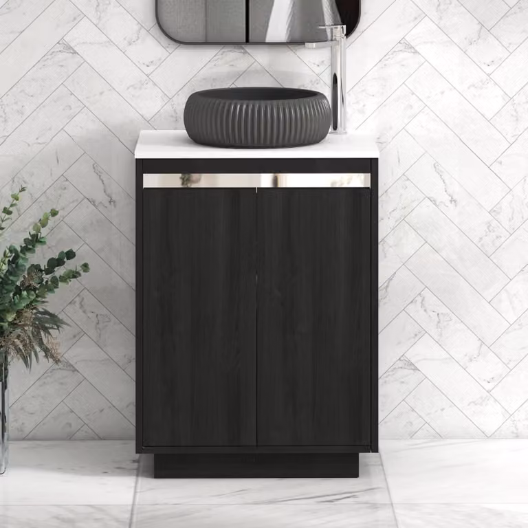 Royal Bathrooms Orion 600mm Hale Floor Standing Vanity Unit with Milan Black Basin and Chrome Accent Trim, White and Black