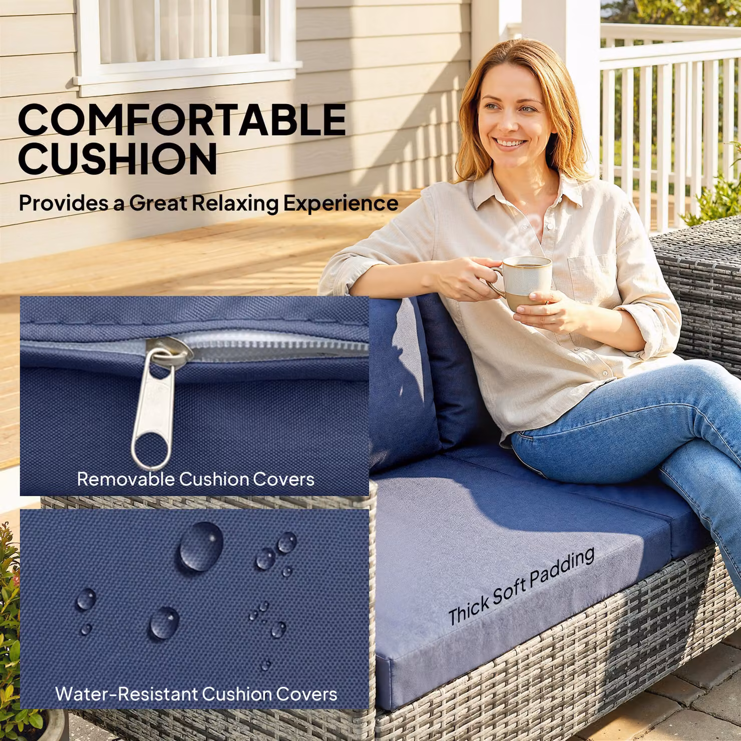 Outsunny 4 Piece Rattan Garden Furniture Set in Dark Blue with L-Shape Corner Sofa, 2 Seater, Ottoman and Coffee Table with Cushions – 6