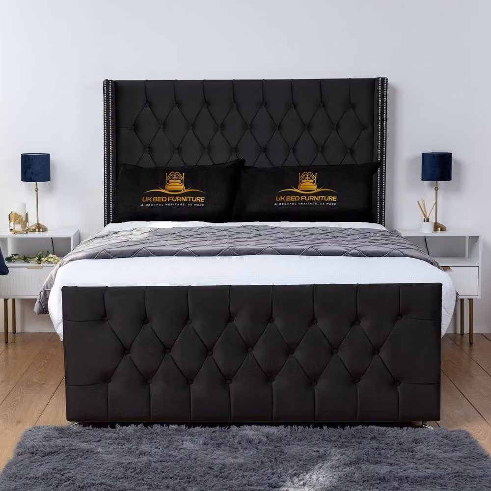 UK Bed Furniture Emily Wingback Divan Bed with 2 Foot End Drawers and 54 Inch Headboard in Black Velvet, Super King, W/D/H: 200 x 200 cm – 2