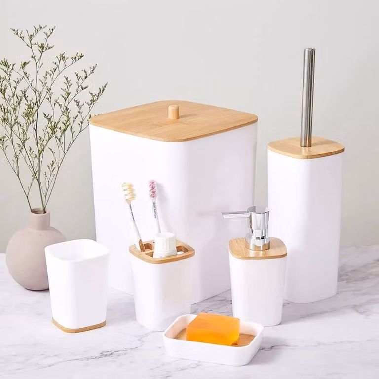 KORVIXA 6 Piece Freestanding Bathroom Accessory Set in White including Soap Dish, Toothbrush Holder, Tumbler and Toilet Brush
