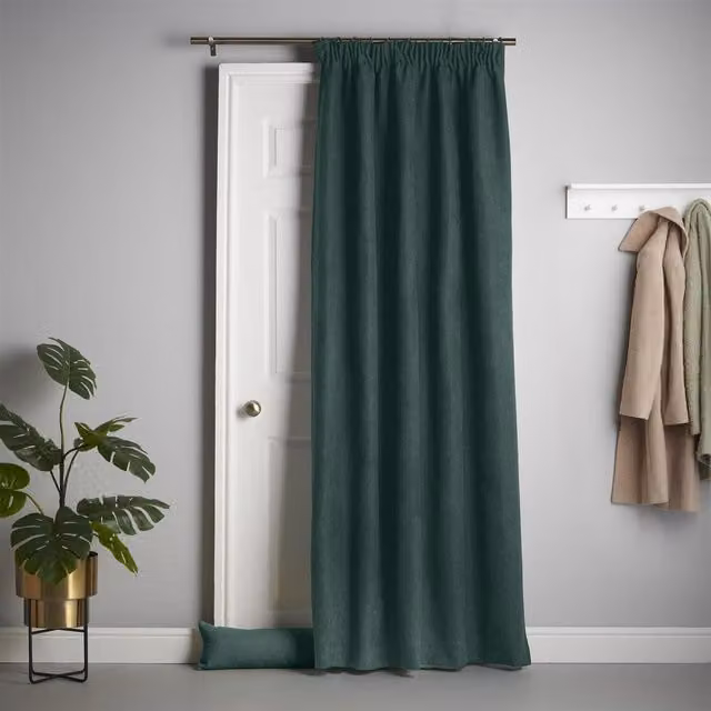 Livinluxury Green Velvet Chenille Thermal Fleece Lined Pencil Pleat Taped Top Door Curtain