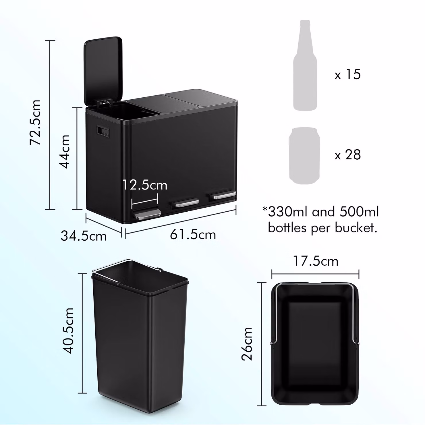VonHaus 45L 3 Compartment Waste and Recycling Kitchen Bin in Black (3 x 15L) – 7