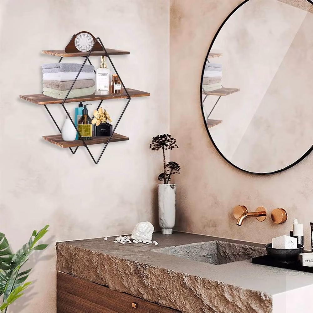 NESTLUNE Industrial Geometric Wood Floating Wall Shelf in Black, W: 100 cm, D: 15 cm – 2